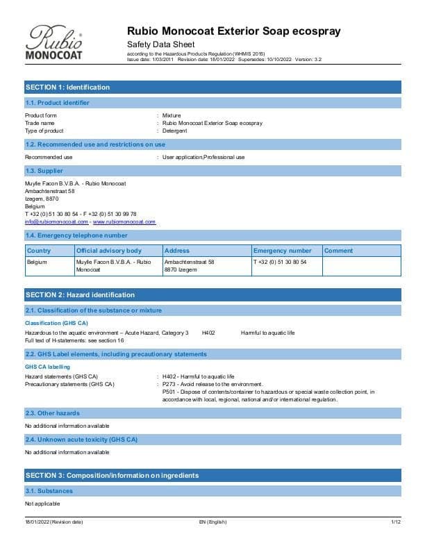 MSDS Exterior Soap Ecospray - Canada - EN