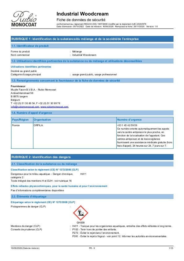 MSDS Industrial WoodCream Industrial - France - FR