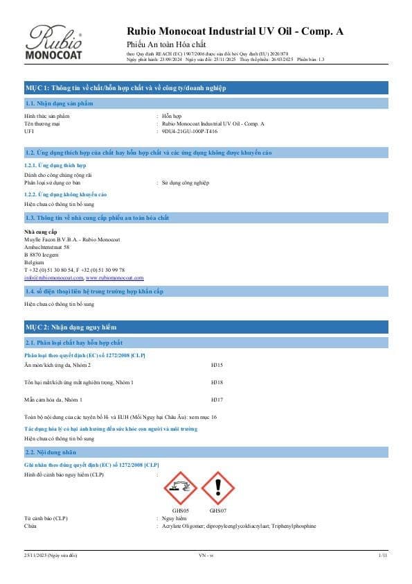 MSDS Industrial UV Oil - Comp A Industrial Comp. A - Vietnam - VI
