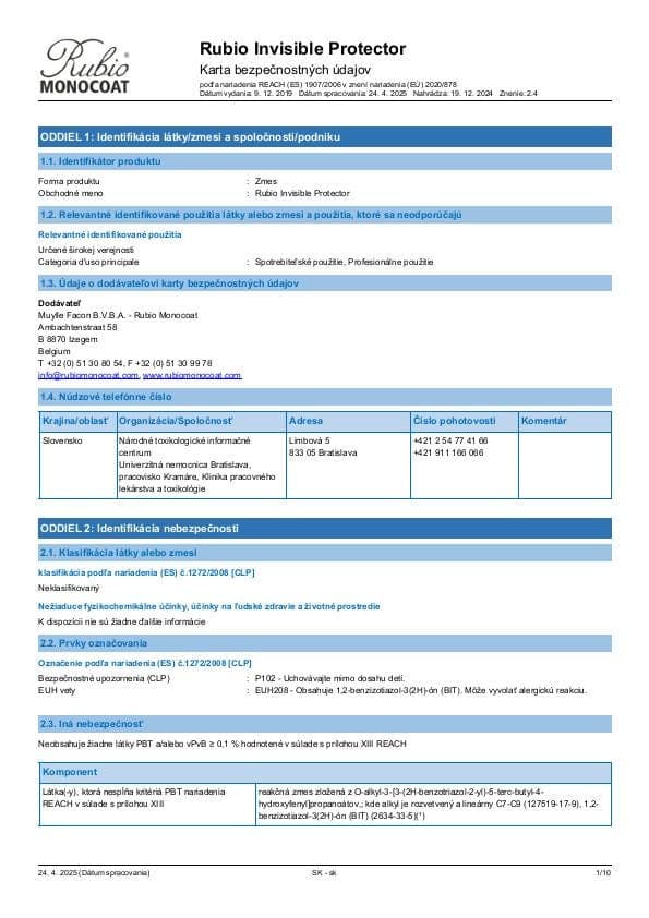 MSDS Invisible Protector - Slovakia - SK