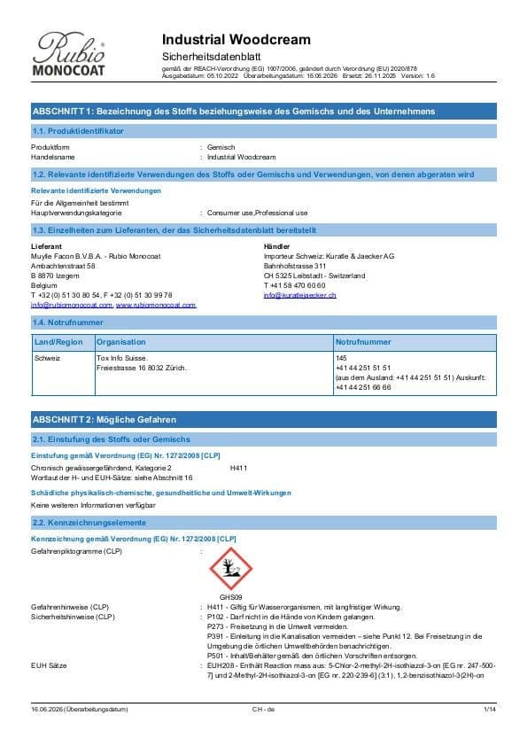MSDS Industrial WoodCream Industrial - Switzerland - DE