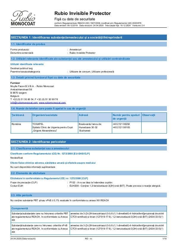 MSDS Invisible Protector - Romania - RO