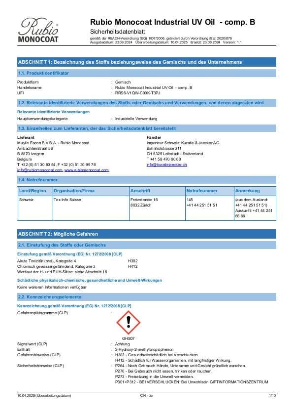 MSDS Industrial UV Oil - Comp B Industrial Comp. B - Switzerland - DE