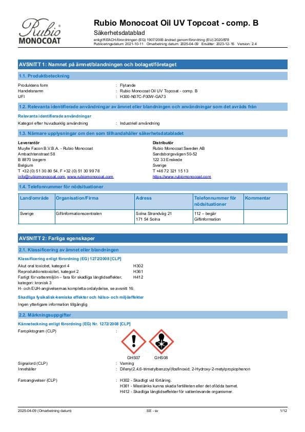 MSDS Oil UV Topcoat Comp. B - Sweden - SV