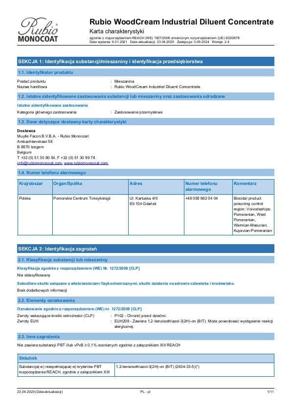 MSDS WoodCream Industrial Diluent Concentrate Industrial - Poland - PL