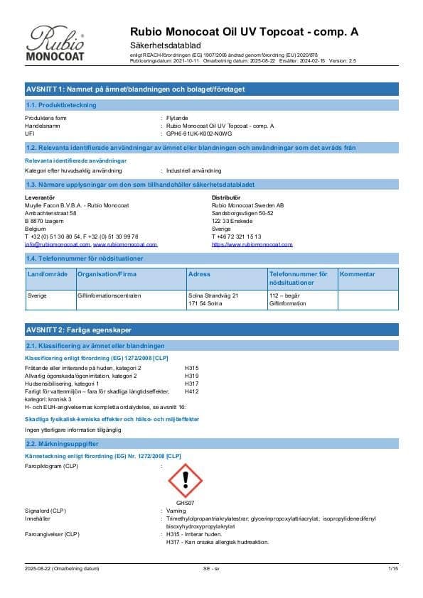 MSDS Oil UV Topcoat Comp. A - Sweden - SV