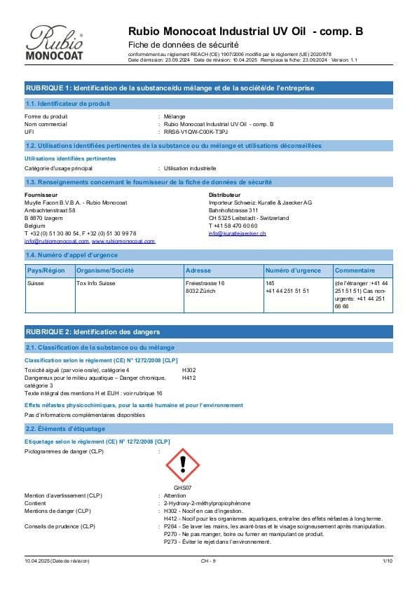 MSDS Industrial UV Oil - Comp B Industrial Comp. B - Switzerland - FR