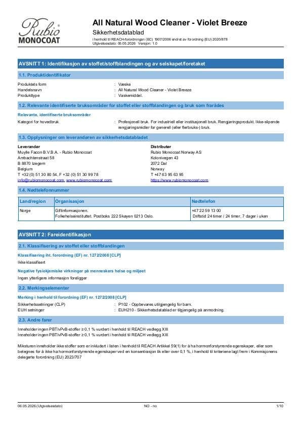 MSDS All Natural Wood Cleaner - Norway - NO