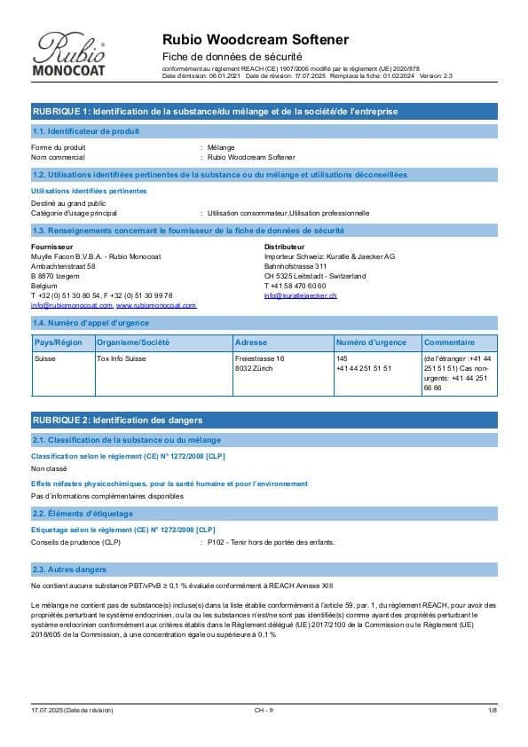 MSDS WoodCream Softener - Switzerland - FR