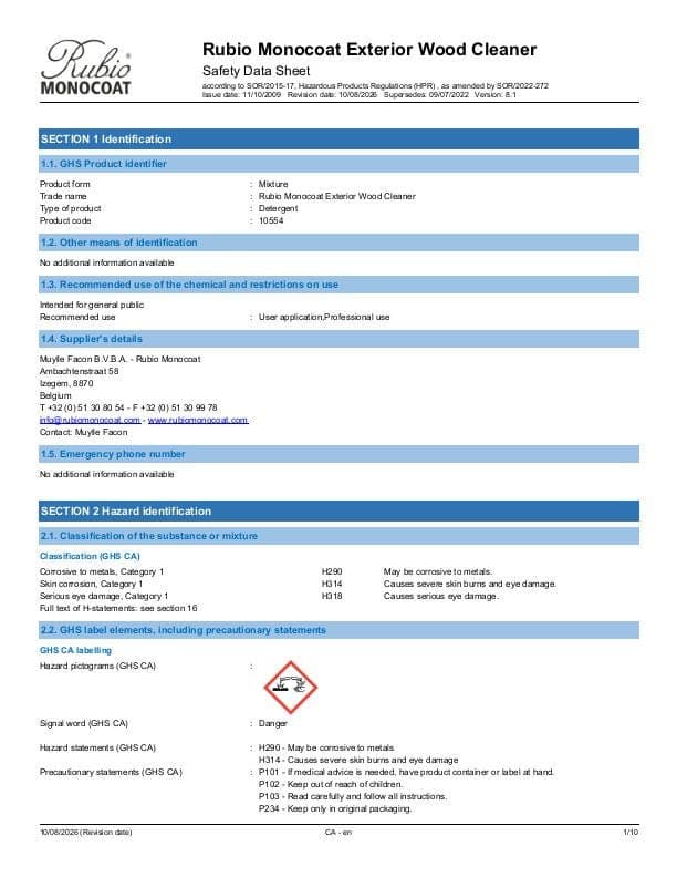 MSDS Exterior Wood Cleaner - Canada - EN