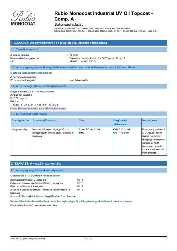 MSDS Oil UV Topcoat Industrial Comp. A - Hungary - HU