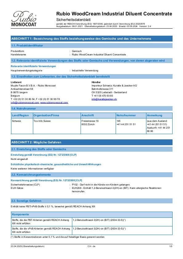MSDS WoodCream Industrial Diluent Concentrate Industrial - Switzerland - DE
