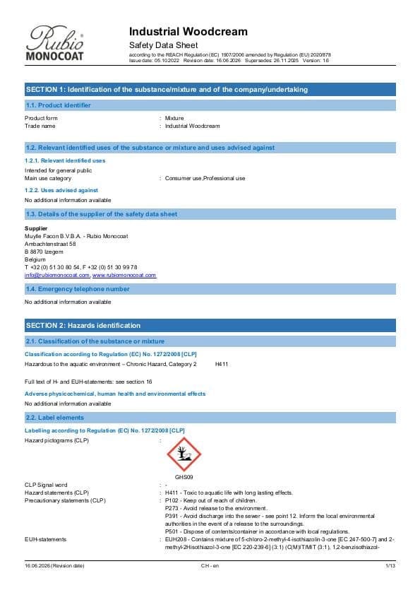 MSDS Industrial WoodCream Industrial - Switzerland - EN