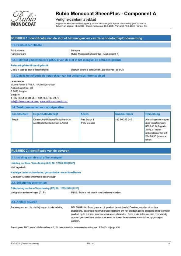 MSDS SheenPlus Comp. A - Belgium - NL