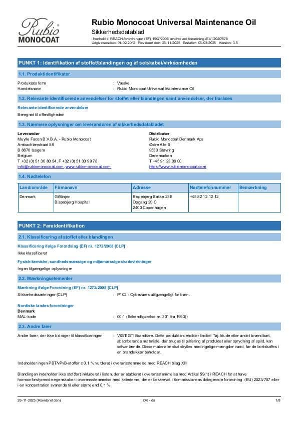 MSDS Universal Maintenance Oil - Denmark - DA