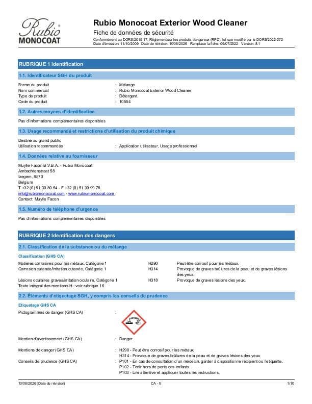 MSDS Exterior Wood Cleaner - Canada - FR