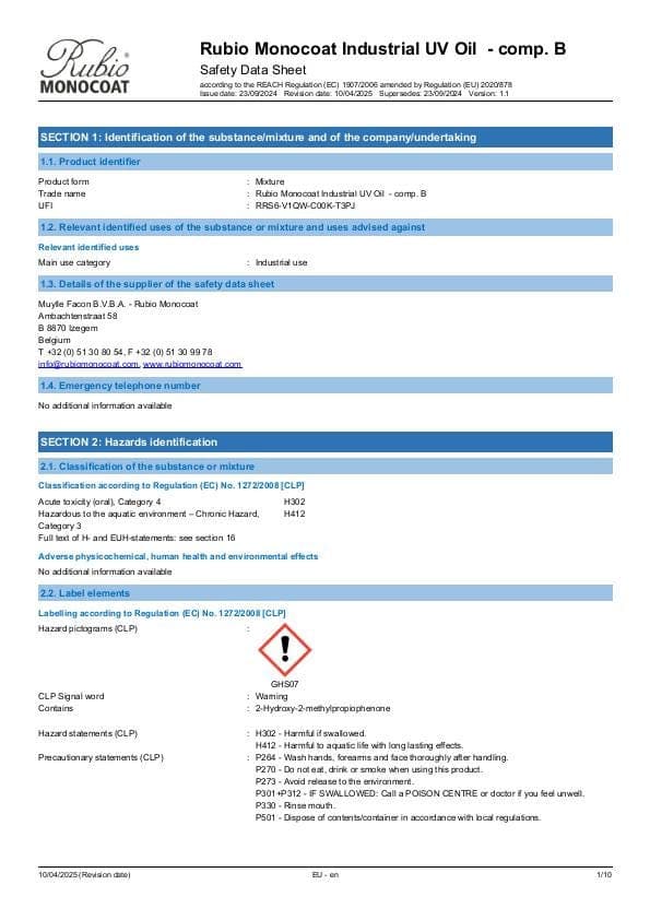 MSDS Industrial UV Oil - Comp B Industrial Comp. B - EU - EN