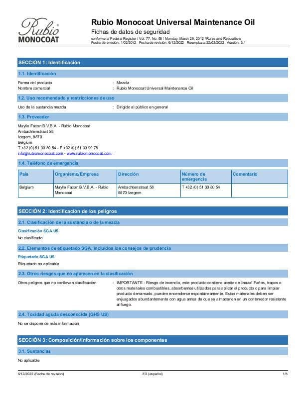 MSDS Universal Maintenance Oil - USA - ES_MX