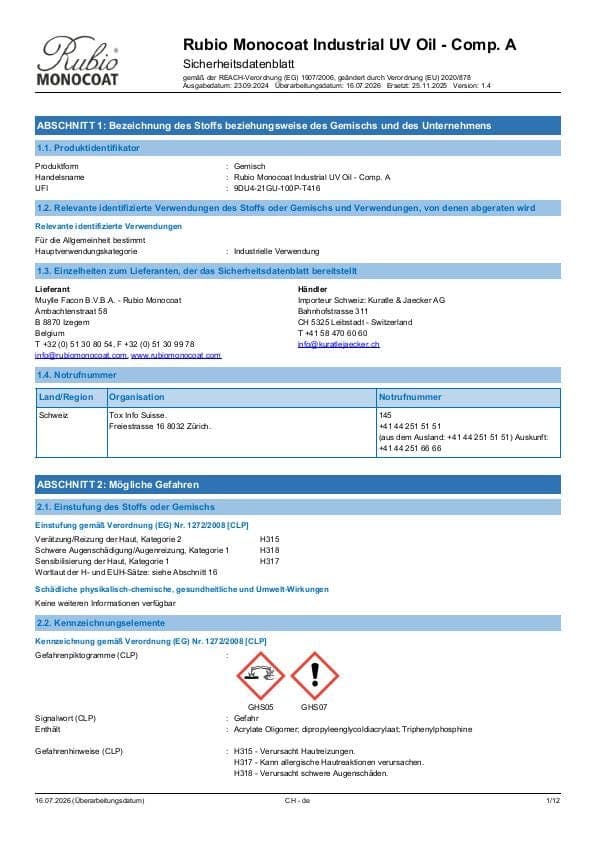 MSDS Industrial UV Oil - Comp A Industrial Comp. A - Switzerland - DE