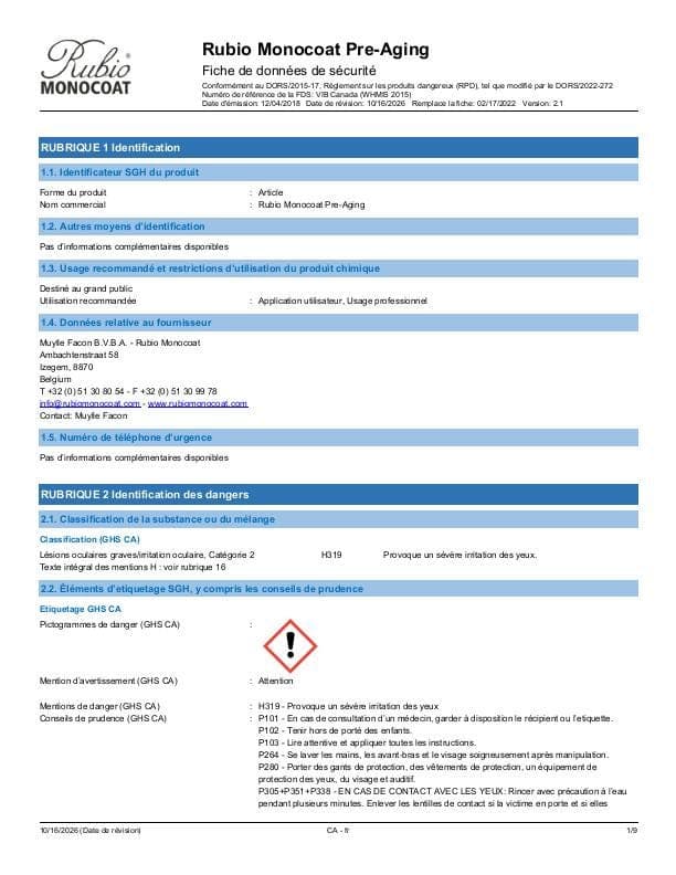 MSDS Pre-Aging - Canada - FR