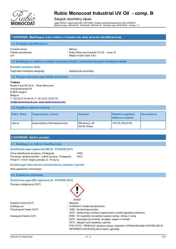 MSDS Industrial UV Oil - Comp B Industrial Comp. B - Lithuania - LT