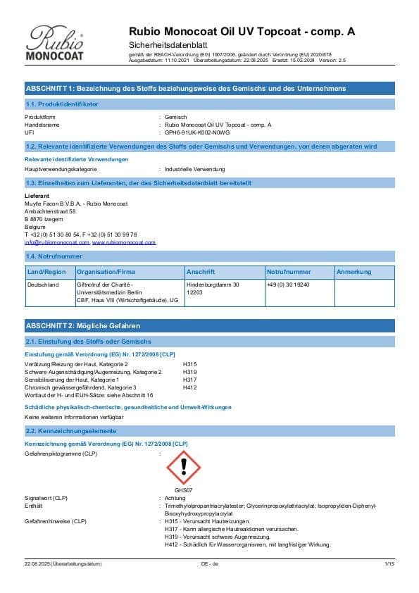MSDS Oil UV Topcoat Comp. A - Germany - DE