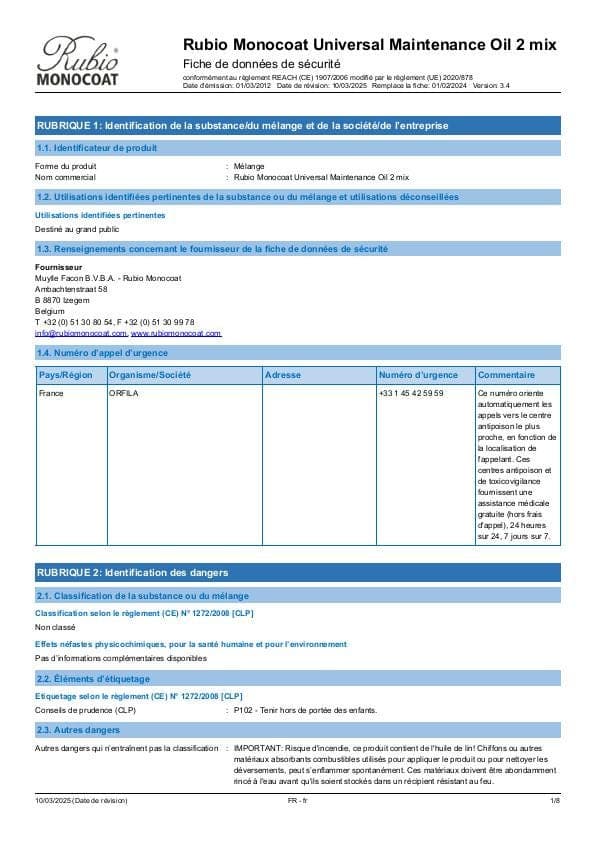 MSDS Universal Maintenance Oil 2 Mix - France - FR