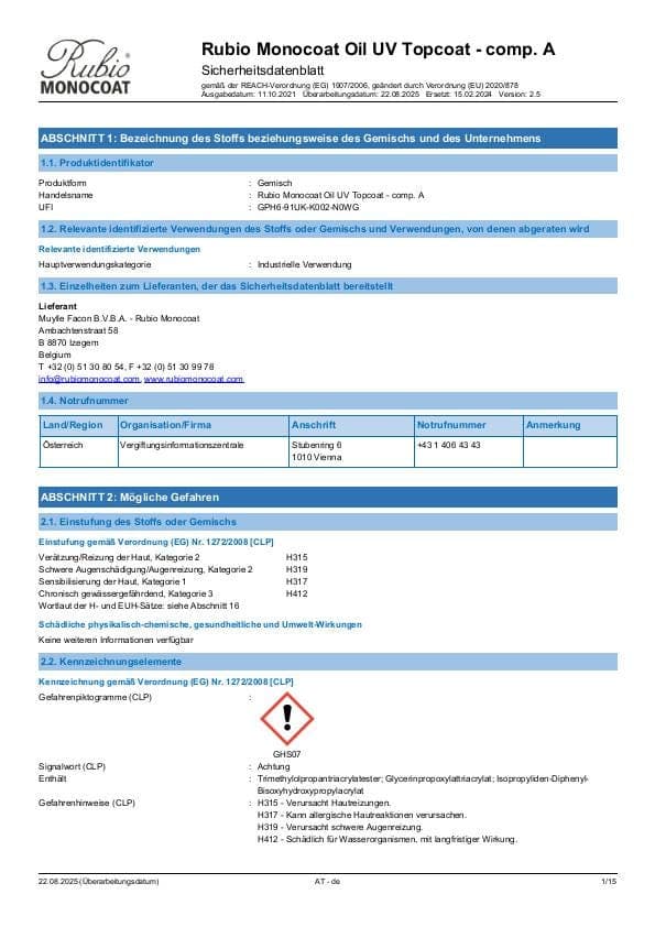 MSDS Oil UV Topcoat Comp. A - Austria - DE