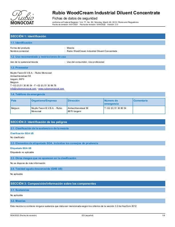 MSDS WoodCream Industrial Diluent Concentrate Industrial - USA - ES_MX