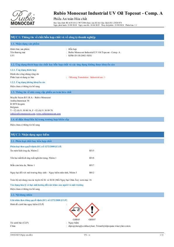 MSDS Oil UV Topcoat Industrial Comp. A - Vietnam - VI