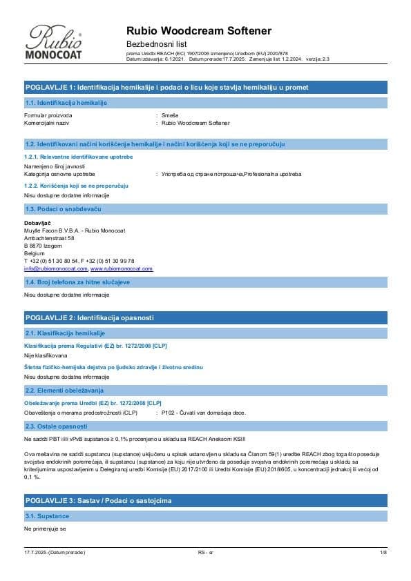 MSDS WoodCream Softener - Serbia - SR