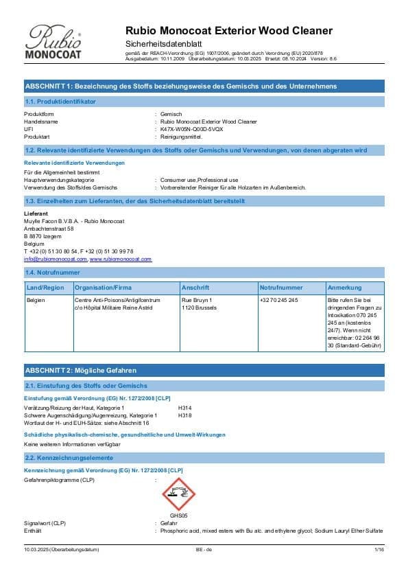 MSDS Exterior Wood Cleaner - Belgium - DE