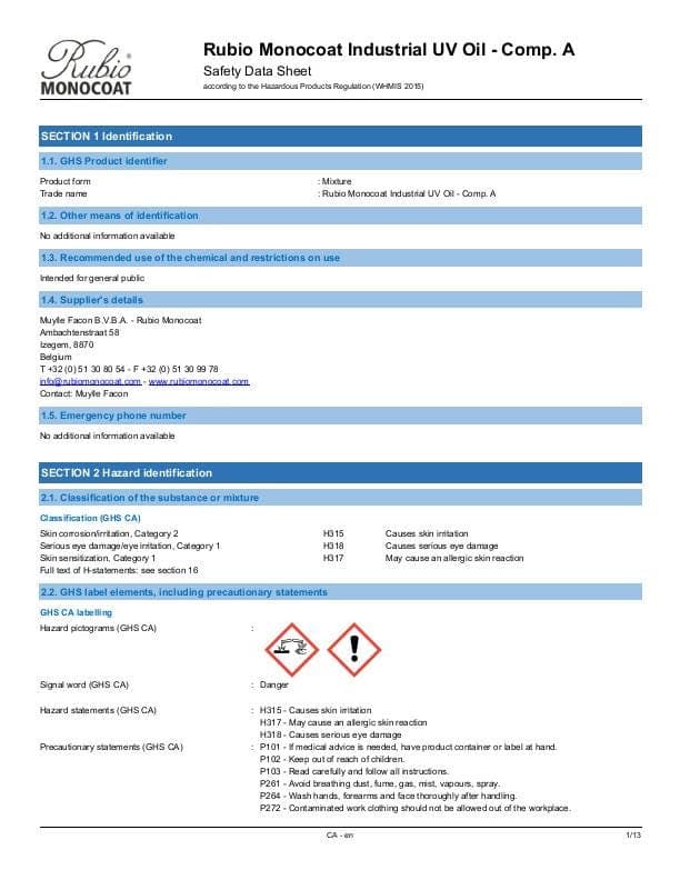 MSDS Industrial UV Oil - Comp A Industrial Comp. A - Canada - EN