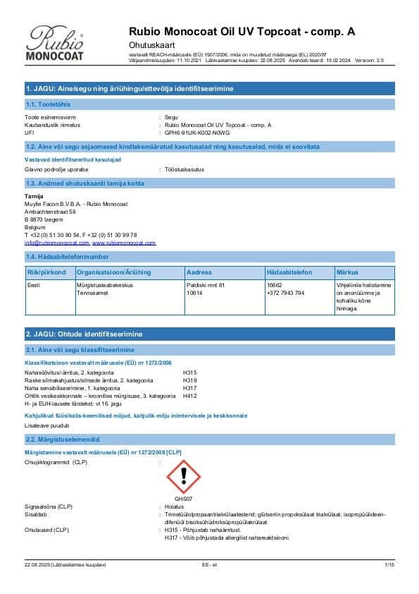 MSDS Oil UV Topcoat Comp. A - Estonia - ET