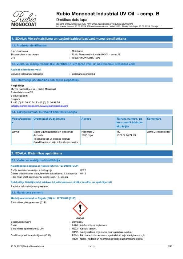 MSDS Industrial UV Oil - Comp B Industrial Comp. B - Latvia - LV