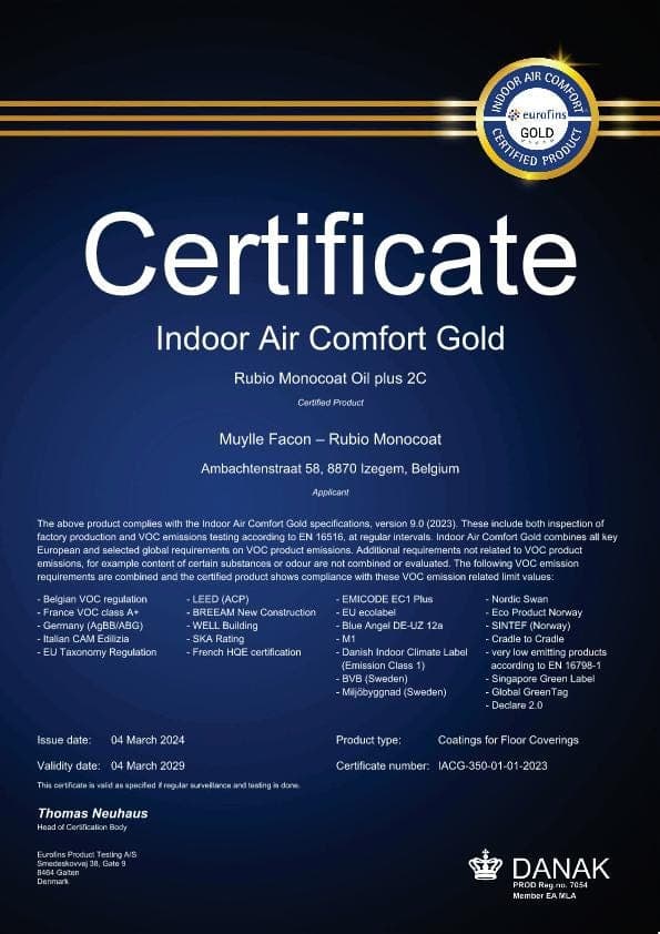 Eurofins Indoor Airc Comfort Gold - Certificate - EN - Oil Plus 2C