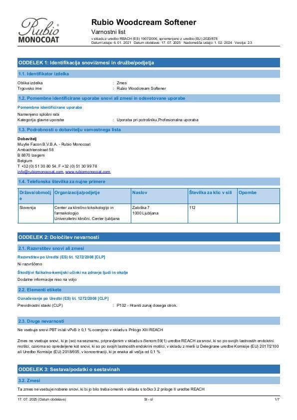 MSDS WoodCream Softener - Slovenia - SL