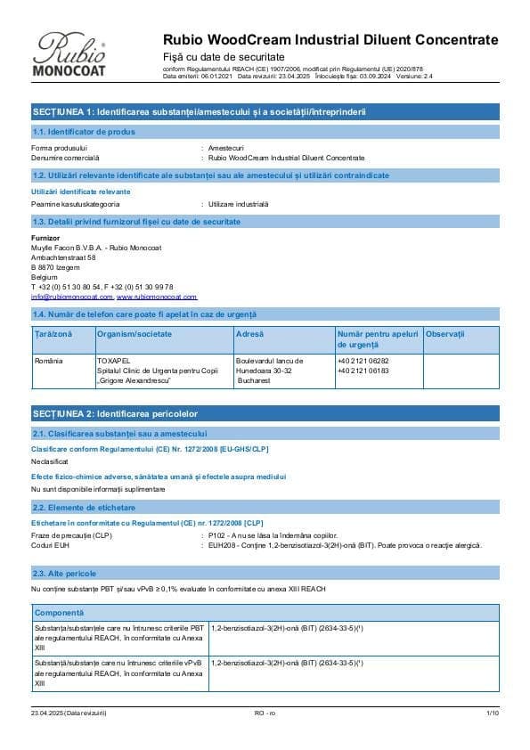 MSDS WoodCream Industrial Diluent Concentrate Industrial - Romania - RO