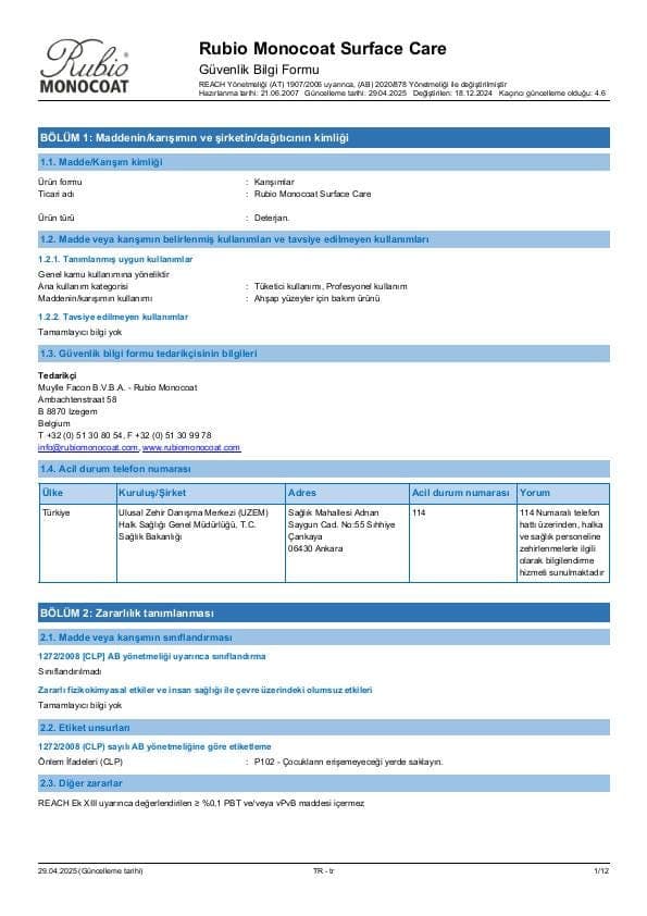 MSDS Surface Care - Turkey - TR