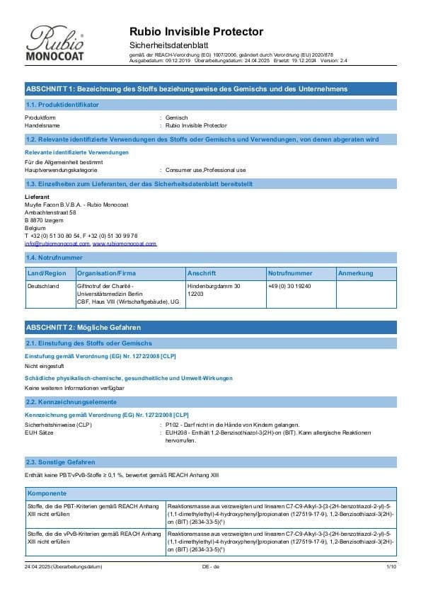 MSDS Invisible Protector - Germany - DE