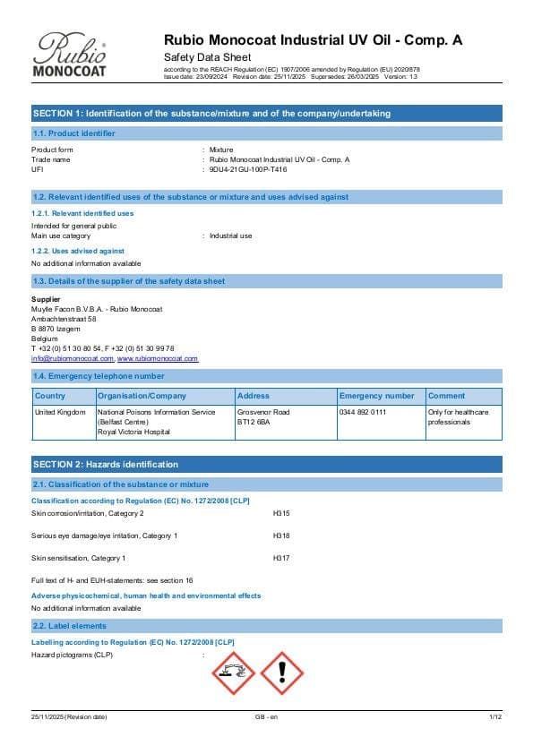MSDS Industrial UV Oil - Comp A Industrial Comp. A - United Kingdom - EN