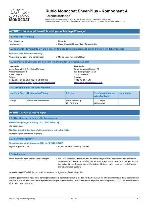 MSDS SheenPlus Comp. A - Sweden - SV