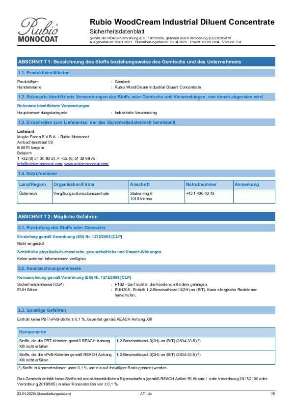 MSDS WoodCream Industrial Diluent Concentrate Industrial - Austria - DE