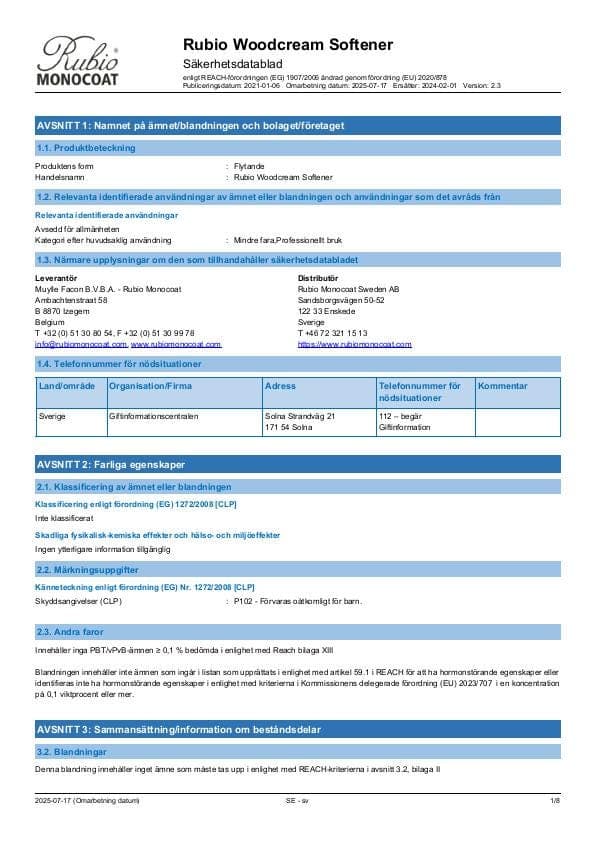 MSDS WoodCream Softener - Sweden - SV