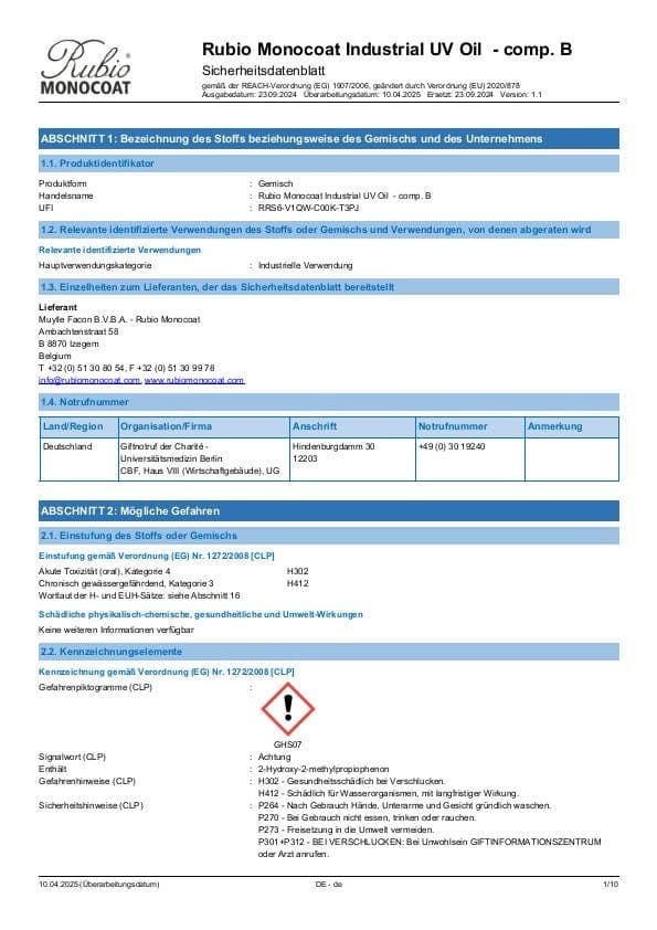 MSDS Industrial UV Oil - Comp B Industrial Comp. B - Germany - DE