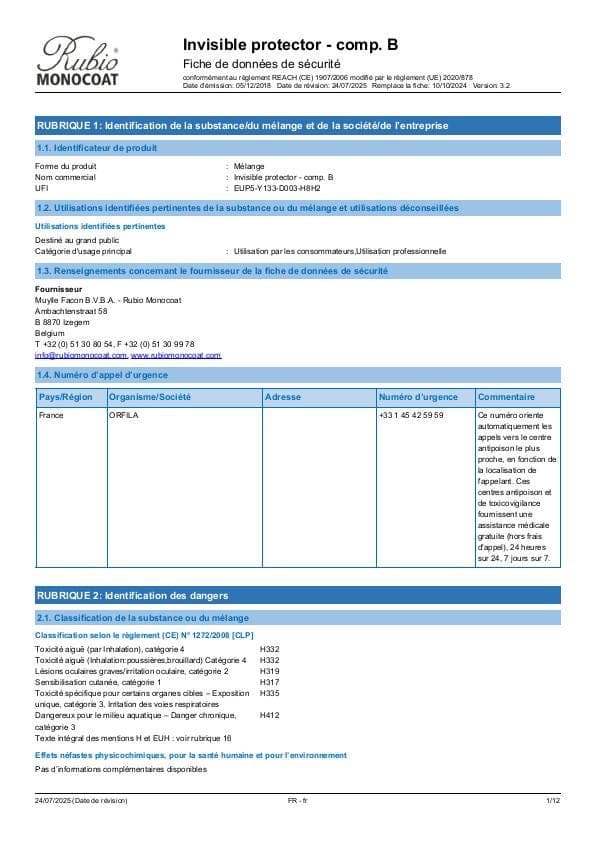 MSDS Invisible Protector Component B Comp. B - France - FR