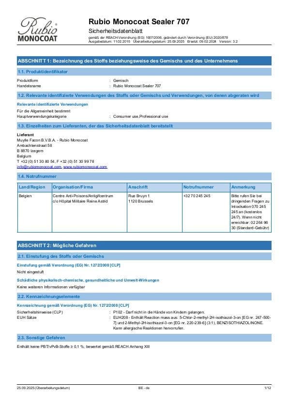 MSDS Sealer 707 - Belgium - DE