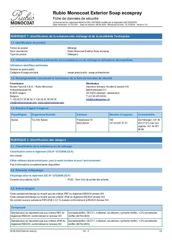 MSDS Exterior Soap Ecospray - Switzerland - FR