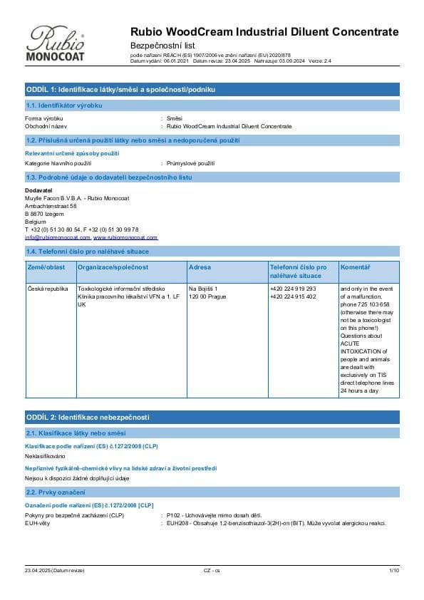 MSDS WoodCream Industrial Diluent Concentrate Industrial - Czech Republic - CS