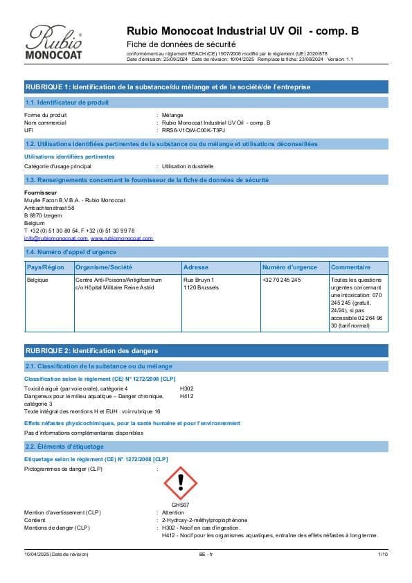 MSDS Industrial UV Oil - Comp B Industrial Comp. B - Belgium - FR